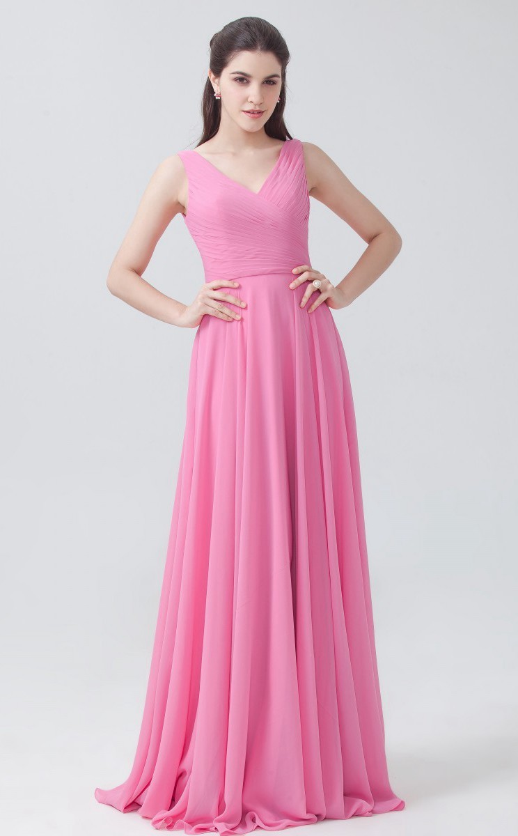 BDUK10027 Hot Pink 6 Chiffon A Line V Neck Long Bridesmaid Dresses ...