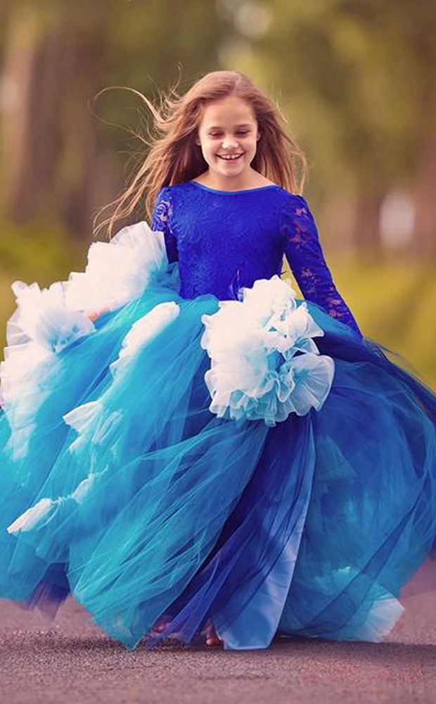 Ball Gown Jewel Blue Kids Girls Dress CH0153 - 4prom.co.uk