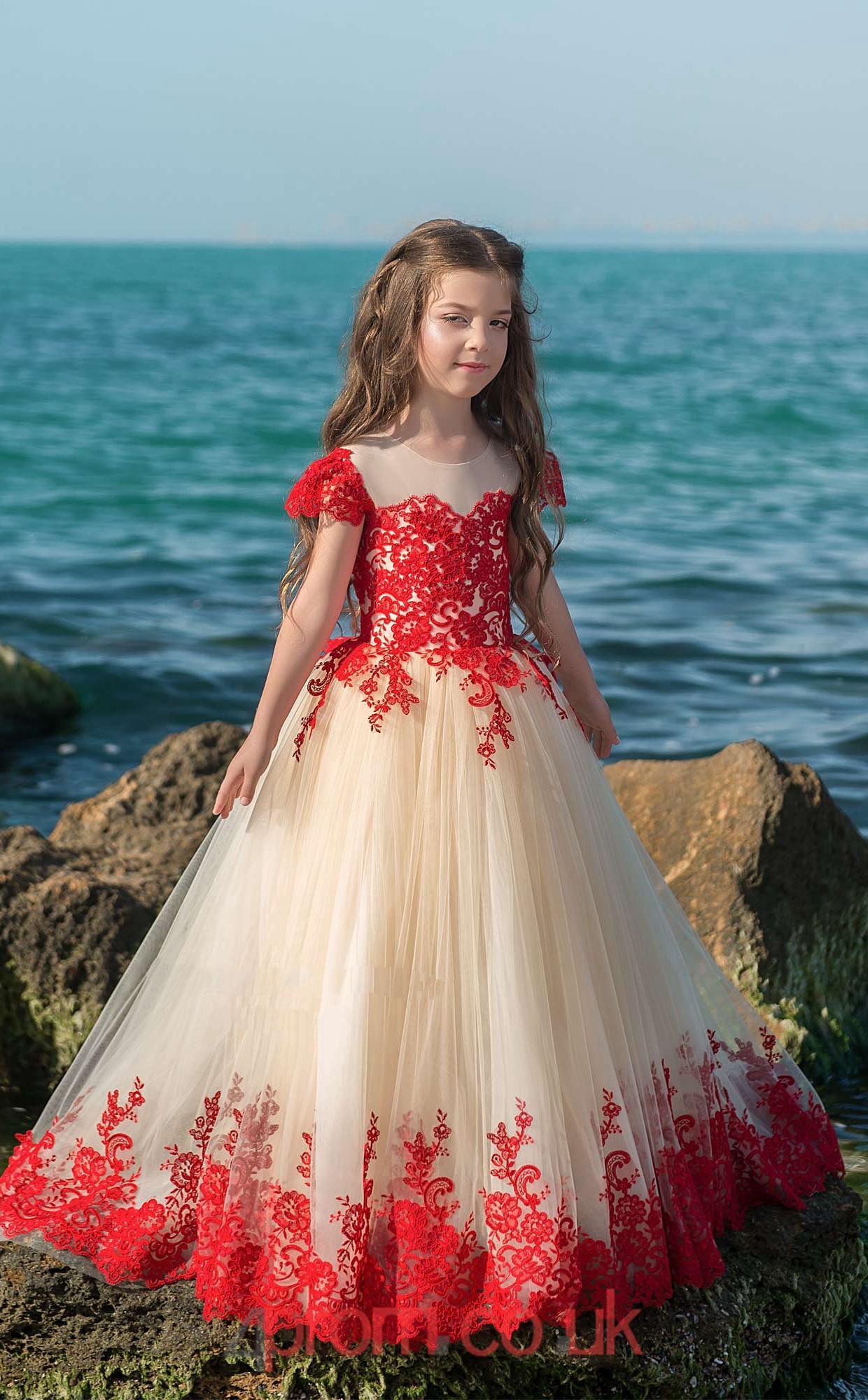 Illusion Short Sleeve Red Kids Prom Dresses Chk023 Uk