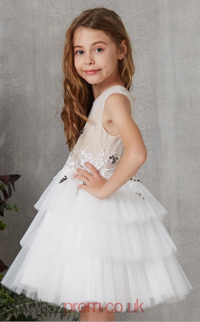 White Lace Tulle Jewel Sleeveless Mini Princess Children's Prom Dress ...