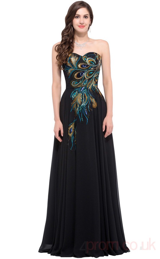 A-line Sweetheart Neckline Long Black Satin Chiffon Prom Dresses(PRJT04 ...