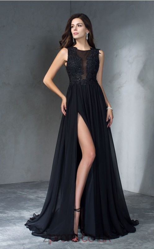 Side Split Black Chiffon Jewel Floor-length A-line Wedding Formal Dress ...
