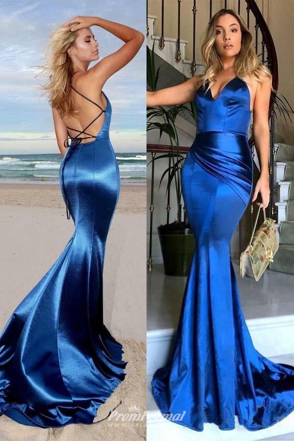 Royal Blue Satin Backless Long Mermaid Prom Formal Dress JTA7691