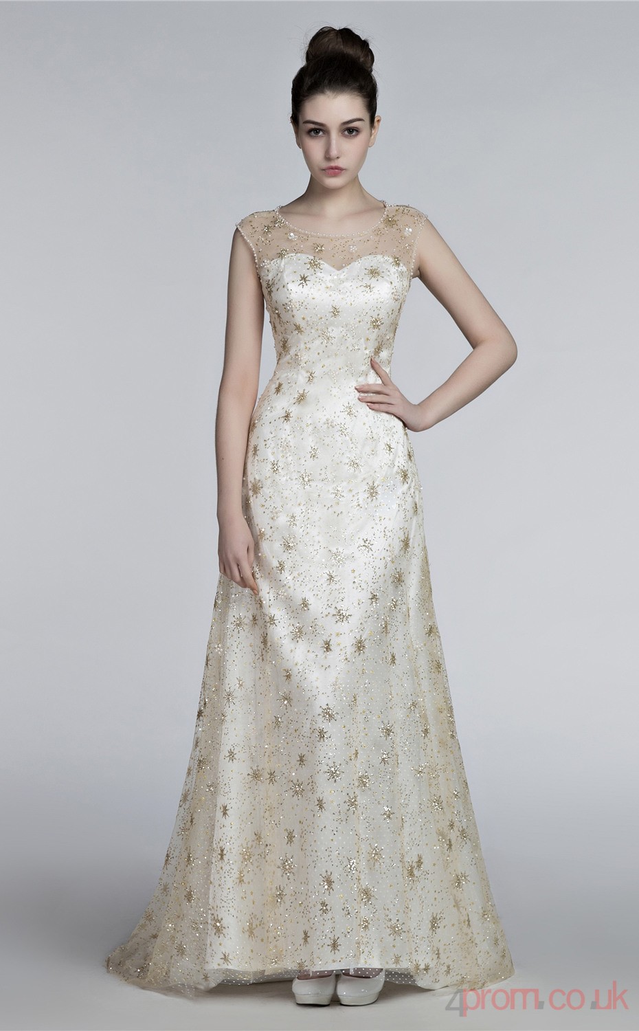 Beige Sequined Sheath/Column Illusion Short Sleeve Prom Dress(JT4-3008 ...