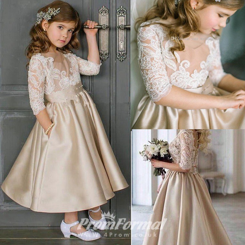 Champagne Mother Daughter Dress Long Sleeves Satin Ankle Length Flower ...
