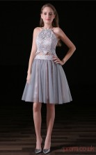 Two Piece A-line Halter Silver Tulle Satin Prom Dresses(JT-4A002)