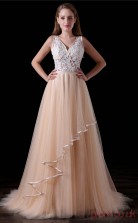 A-line V-neck Sleeveless Pearl Pink Tulle Satin Prom Dresses(JT-4A014)