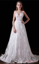 A-line V-neck Sleeveless Ivory Lace Tulle Satin Prom Dresses(JT-4A016)