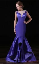 Mermaid Illusion Short Sleeve Purple Tulle Satin Prom Dresses(JT-4A025)