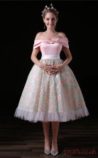 Ball Gown Off The Shoulder Short Sleeve Blushing Pink Lace Tulle Satin Prom Dresses(JT-4A026)