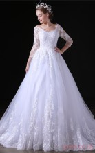 A-line V-neck 3/4 Length Sleeve White Tulle Satin Prom Dresses(JT-4A030)