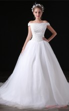 A-line Off The Shoulder Short Sleeve White Tulle Satin Prom Dresses(JT-4A033)
