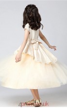 Princess Jewel Short Sleeve Pearl Pink Satin Tulle Tea-length Children's Prom Dress(AHC014)