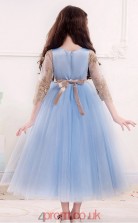Princess Jewel Half Sleeve Sky Blue Tulle Ankle-length Children's Prom Dress(AHC020)