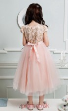 Princess Jewel Short Sleeve Light Blue Tulle Lace Tea-length Children's Prom Dress(AHC026)