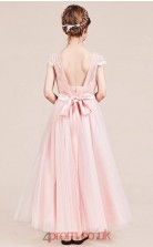 A-line Jewel Short Sleeve Blushing Pink Tulle Ankle-length Children's Prom Dress(AHC057)