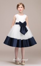 White Satin Tulle Kids Girl Knee-length Birthday Party Dress with Bow BCH038