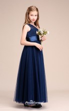 Affordable Navy Blue One Shoulder Junior Bridesmaid Dress Floor-length Pageant Dress BCH056