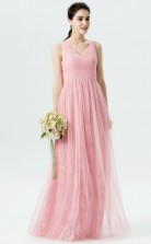 BDUK10026 Pink 12 Lace Tulle A Line V Neck Long Bridesmaid Dresses