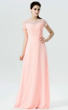 BDUK10028 Pink 12 Lace Chiffon A Line Boat/Bateau Short/Cap Sleeve Long Bridesmaid Dresses With High/Covered Back