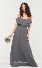 BDUK2165 A Line Dim Gray Chiffon Off the Shoulder Short Sleeve Floor Length Bridesmaid Dress