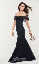 BDUK2170 Mermaid/Trumpet Navy Blue Lace Off the Shoulder Short Sleeve Floor Length Bridesmaid Dress