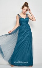 BDUK2173 A Line Steel Blue Tulle V Neck Floor Length Bridesmaid Dress
