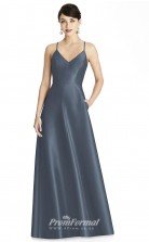 BDUK2190 A Line Steel Blue Satin Straps V Neck Long Bridesmaid Dress