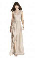 BDUK2237 A Line Beige Lace Chiffon V Neck Floor Length Bridesmaid Dress