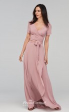 BDUK2250 A Line Nude Pink Chiffon V Neck Short Sleeve Long Bridesmaid Dress