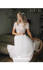 Simple Short Sleeve Beach Flowy Short Sleeve Lace Crop Top 2 Piece Wedding Dress BWD105