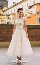 Country Short Sleeves 50s Lace Tea Length Rockabilly Wedding Dress with Handmade Flowers BWD123