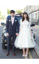 Rockabilly Half Sleeves Lace 50s Jahre Hochzeitskleid Tea Length Wedding Dress BWD177