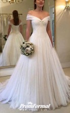 A Line Country Tulle Off Shoulder Beach Bridal Gown BWD225