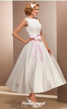 Simple White Tea Length Satin Casual Vintage 50s Wedding Dress BWD257