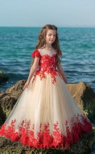 Illusion Short Sleeve Red Kids Prom Dresses CHK023