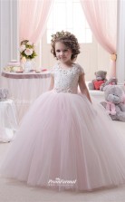 Tulle , Lace Ball Gown Jewel Short Sleeve Girls Prom Dresses CHK143