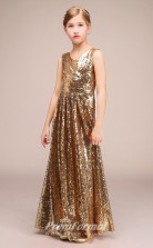 Long V Neck Gold Squined Kids Pageant Dresses CHK172