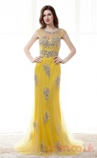 Yellow Tulle Trumpet/Mermaid Illusion Scoop Short Sleeve Prom Dresses(JT4-CZM181)