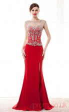 Red Chiffon Sequined Trumpet/Mermaid Illusion Bateau Short Sleeve Prom Dresses(JT4-CZM191)