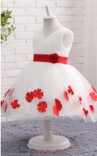 White Ball Gown V-neck Tea Length Kid's Prom Dresses(FG13812)