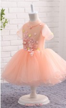 Pearl Pink Princess Jewel Short Sleeve Knee Length Kid's Prom Dresses(FG14805)