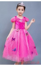 Fuchsia Tulle,Lace Princess Off The Shoulder Short Sleeve Tea-length Children's Prom Dresses(FGD244)