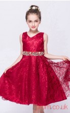 Burgundy Lace A-line V-neck Knee-length Children's Prom Dresses(FGD248)