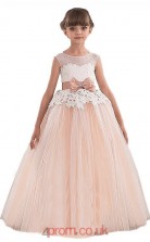 Blushing Pink Tulle Lace Illusion Short Sleeve Floor-length Princess Children's Prom Dress (FGD271)