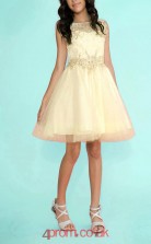 Champange Tulle Satin Bateau Sleeveless Mini Princess Children's Prom Dress (FGD295)
