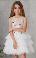 White Lace Tulle Jewel Sleeveless Mini Princess Children's Prom Dress (FGD310)