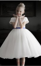 Ivory Satin Organza Jewel Short Sleeve Knee-length Princess Children's Prom Dress (FGD321)