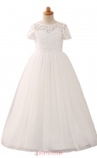 White Princess Jewel Short Sleeve Floor-length Kid's Prom Dresses(HT07)