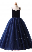 Navy Blue Tulle Princess Floor-length Kid's Prom Dresses with Straps(HT23)